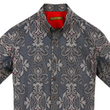 着物シャツ ブルーグレー・花の文様 大島紬 L23-32