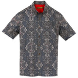 着物シャツ ブルーグレー・花の文様 大島紬 L23-32