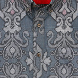 着物シャツ ブルーグレー・花の文様 大島紬 L23-32