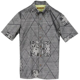 着物アロハシャツ グレー・花と格子模様 大島紬 L23-41