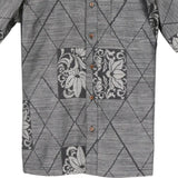 着物アロハシャツ グレー・花と格子模様 大島紬 L23-41