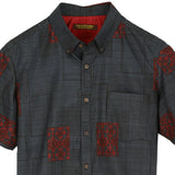 着物リメイクシャツ ネイビー・幾何学模様 大島紬 XL26-04