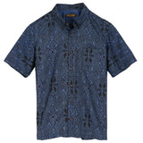 着物リメイクシャツ ブルー・和紋様 大島紬 XL26-07