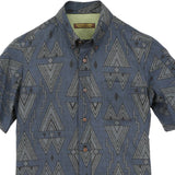 着物アロハシャツ ブルー・幾何学模様 大島紬 L22-39