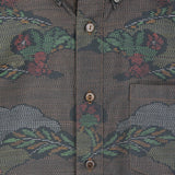 着物アロハシャツ ダークブラウン・雲と花柄 大島紬 L22-136