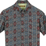 着物アロハシャツ 青と赤・花の文様 L2147