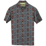 着物アロハシャツ 青と赤・花の文様 L2147