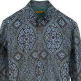 着物シャツ 長袖 ブルー・花の文様 大島紬 L23-17