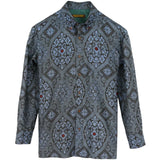 着物シャツ 長袖 ブルー・花の文様 大島紬 L23-17