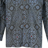 着物シャツ 長袖 ブルー・花の文様 大島紬 L23-17