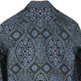 着物シャツ 長袖 ブルー・花の文様 大島紬 L23-17