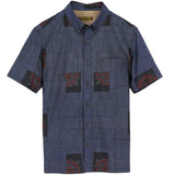 着物アロハシャツ ネイビー・四角と花柄 大島紬 XL22-126