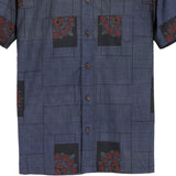 着物アロハシャツ ネイビー・四角と花柄 大島紬 XL22-126