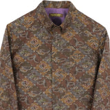 着物アロハシャツ 長袖 ブラウン・格子と花柄 XL231