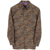 着物アロハシャツ 長袖 ブラウン・格子と花柄 XL231