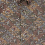 着物アロハシャツ 長袖 ブラウン・格子と花柄 XL231