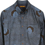 着物シャツ 長袖 ネイビー・亀甲に椿 大島紬 XL23-21