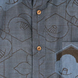 着物シャツ 長袖 ネイビー・亀甲に椿 大島紬 XL23-21