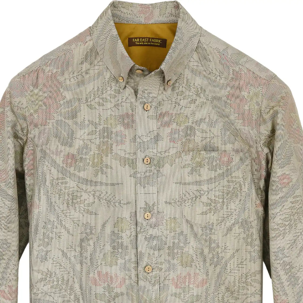 【BIG WAVE】蝶に笹 L 正絹小紋 アロハシャツ★蝶に笹と花を散らした和文様 金彩華やぎ/和柄アロハ 着物アロハ★ハンドメイド 着物リメイク BIG WAVE蝶に笹M 正絹小紋 アロハシャツ☆蝶に笹と花