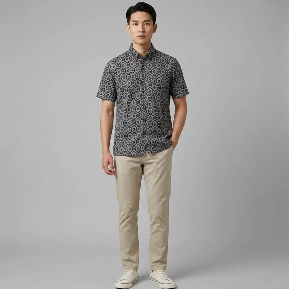 着物リメイクシャツ グレー・亀甲柄 大島紬 L26-03｜FAR EAST FABRIC