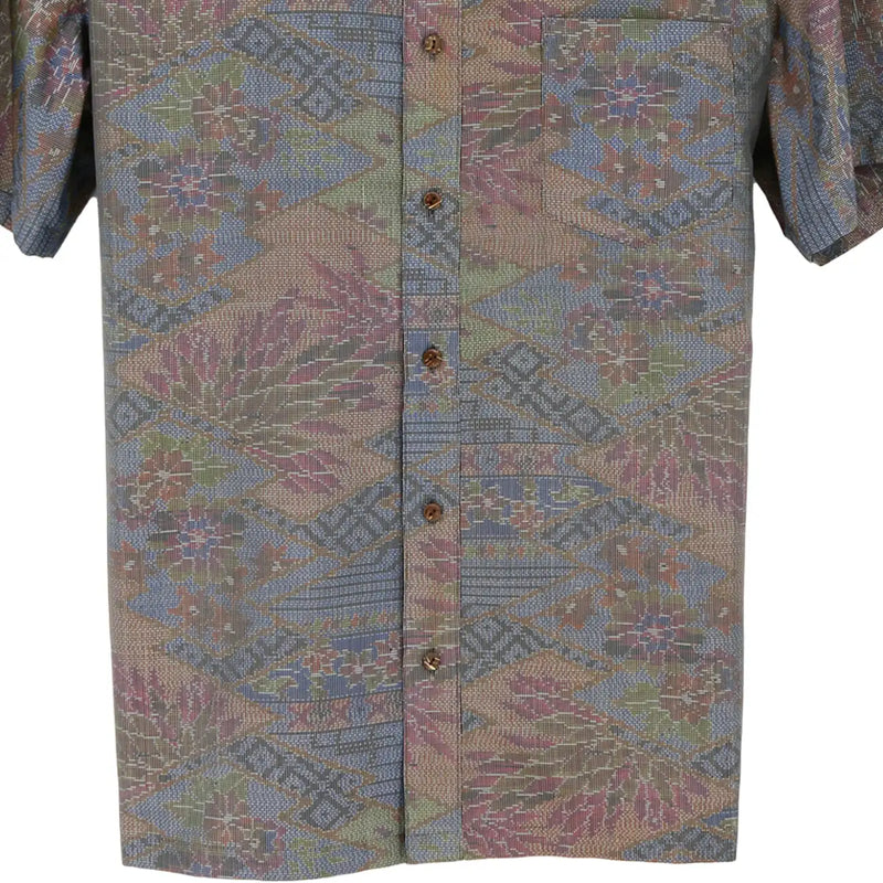 着物シャツ 青と茶色・花の文様 大島紬 XL23-51