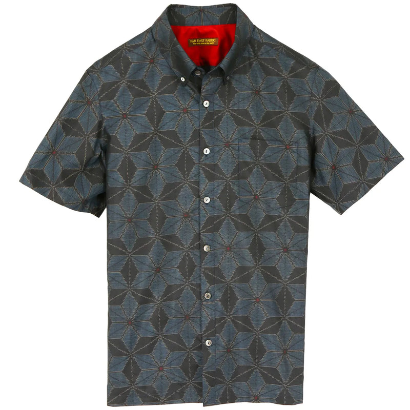 着物シャツ ネイビー・麻の葉模様 大島紬 XL23-73|FAR EAST FABRIC 着物シャツ ネイビー・麻の葉模様 大島紬 XL23-73|FAR EAST FABRIC