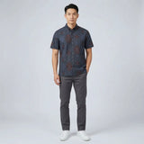 着物リメイクシャツ ネイビー・花柄 大島紬 XL26-02