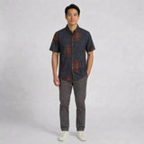 着物リメイクシャツ ネイビー・花紋様 大島紬 XL26-19