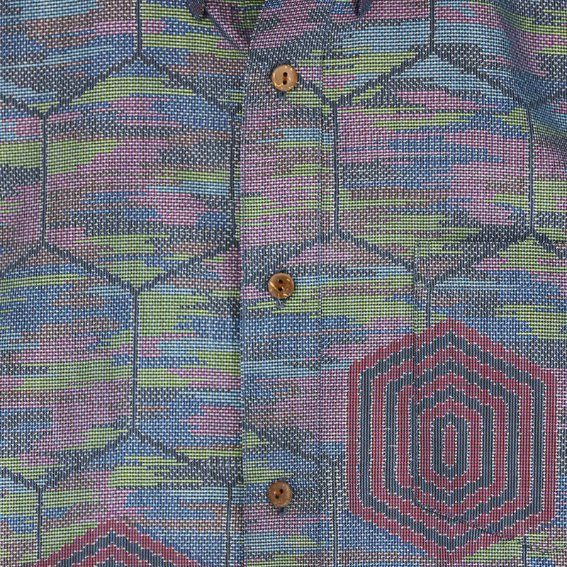 着物シャツ 長袖 青と紫・亀甲 大島紬 L23-16