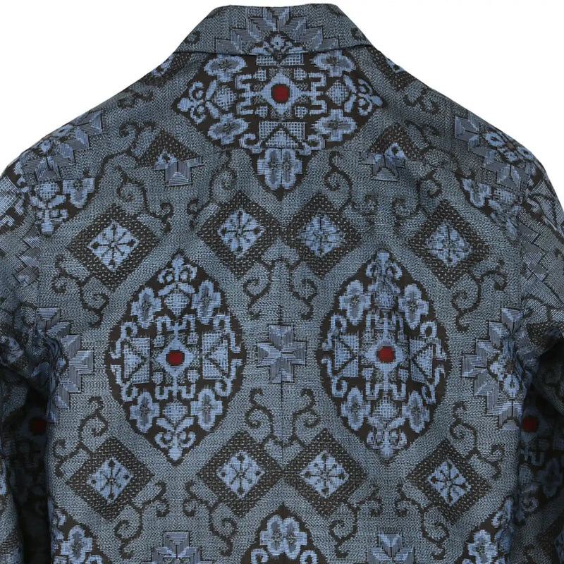 着物シャツ 長袖 ブルー・花の文様 大島紬 L23-17