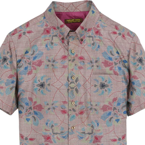 着物アロハシャツ 淡い紫・花柄 大島紬 XL2158