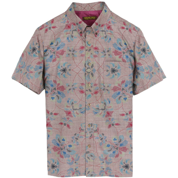 着物アロハシャツ 淡い紫・花柄 大島紬 XL2158
